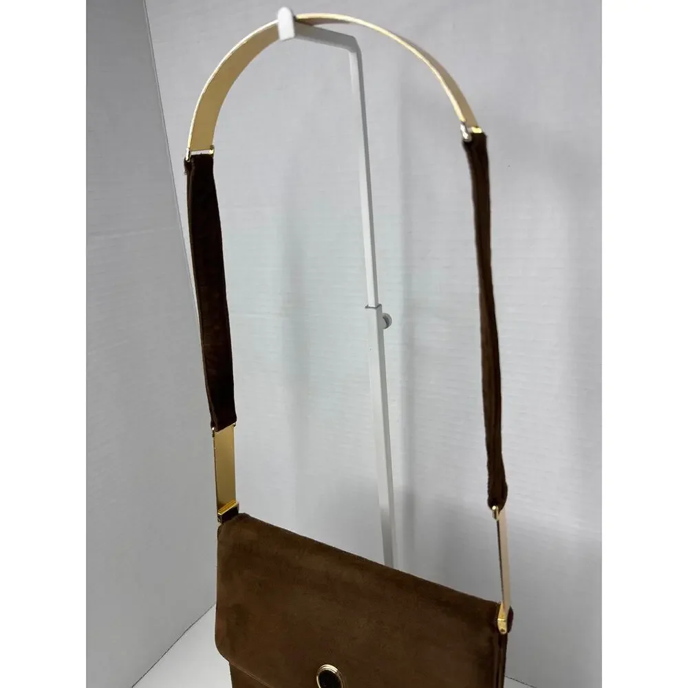 Prestige Vintage suede brown bag with gold hardware & flap closure
